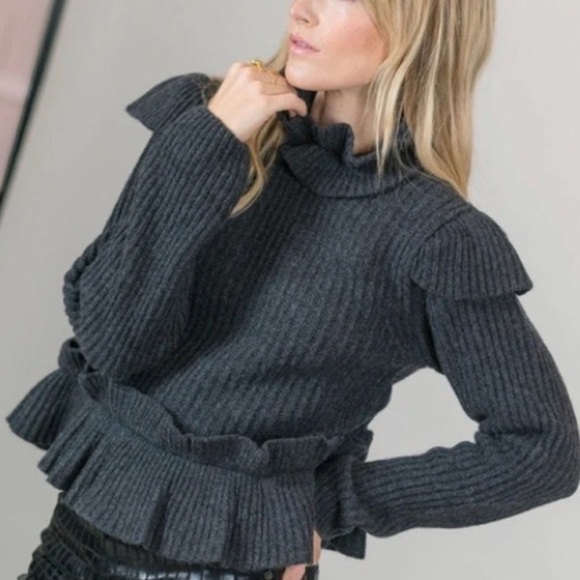 Ganni- Charcoal Grey Wool Longsleeve Cutout Ruffle Peplum Sweater - Picture 5 of 11